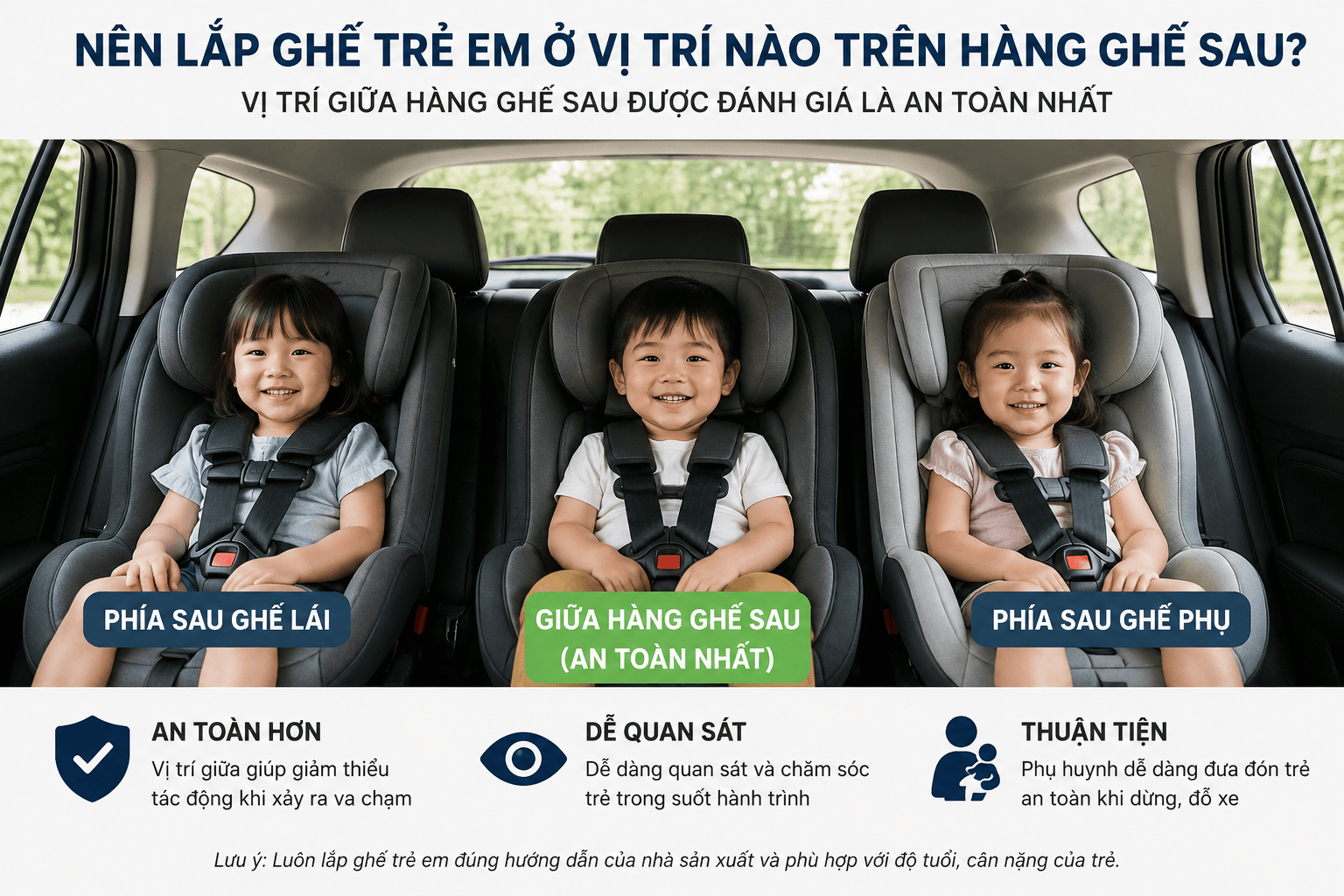 Ghế trẻ em lắp đúng vị trí trên hàng ghế sau ô tô